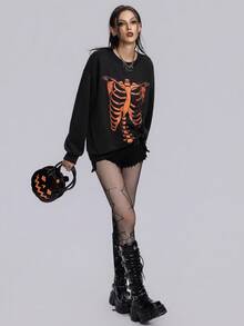 Breakform 女士时尚深色哥特式万圣节骷髅印花圆领落肩宽松休闲运动衫 - 黑色 - 查看 6