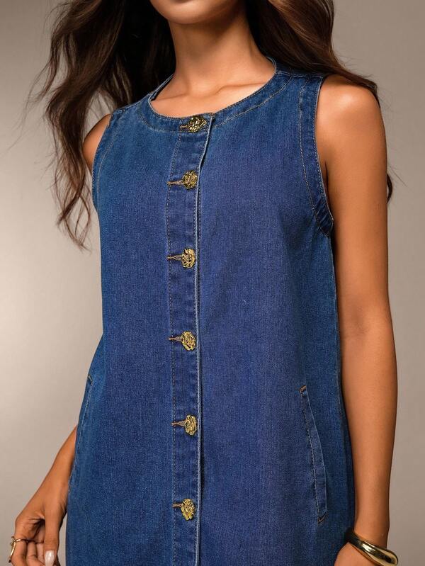 Avantive 夏季女士舞会/正式场合/海滩/度假/可爱/西式服装/商务休闲/优雅/生日/外出/夜店/办公室着装/音乐节/锐舞派对/工作服/高贵/乡村音乐会/早午餐/邮轮/老钱/机场/端庄/教堂/仙女风/下午茶/千禧年/街头风/2000年代/迪斯科/春假/毕业典礼/婚礼宾客/鸡尾酒会/复古/紧身/度假/蓝色无袖宽松牛仔迷你连衣裙 女士牛仔连衣裙 纽扣连衣裙