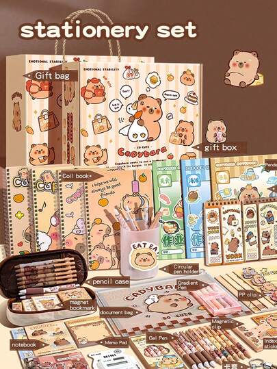 SHEIN Nuevo set de artículos de papelería con temática de capibara, combinación de herramientas de escritura de alta calidad que incluye libreta, marcador de libros y accesorios, material de papel, adecuado para estudios, graduación, diario y regalos de cumpleaños, recuerdos de fiesta