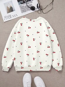 SHEIN Moletom Happikins Cream White Young Girl Retro Sweet Mini Cherry Floral Print, Cropped, Estilo Pastoral Pastel Floral Nature, Presente para Amantes de Jardins, Moletom Casual Solto com Gola Redonda, Manga Longa, Confortável, Ideal para Outono/Inverno, Piqueniques ao Ar Livre, Passeios, Fotografia de Rua, Casa, Streetwear Vintage, Conforto Fácil, Camadas de Outono, Estilo Anos 2000, Roupas Y2K, Roupas de Inverno, Conjunto Esportivo de Outono - Multicolorido - Ver 3