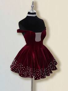 SHEIN ICON Elegantes Damen-Minikleid aus burgunderrotem Samt mit Perlen, herbstliches figurbetontes Abendkleid mit einem Schulterträger und Diamant-Verzierung, großes ausgestelltes Kleid für Party und Bankett, White Day Party - Bordeaux - Übersicht 5