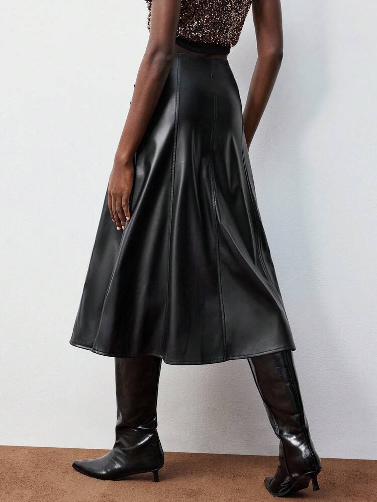 SHEIN Maija Women's Solid Color Fashion Buckle PU Leather Pleated A-Line Skirt Black Leather Skirt Midi Skirt Black Skirt Belted Skirt Buckle Skirt , Chic Women's Skirt, Halloween Costumes For Women Casual Urban Style, Belt Buckle Design, High-Waisted Midi Skirt, Large A-Line Silhouette