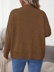 SHEIN 大码纯色简约日常长袖针织开衫 - 棕色 - 查看 2