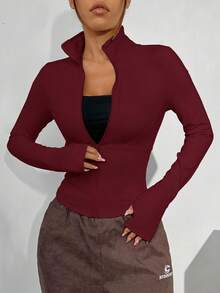 SHEIN EZwear Áo khoác chống nắng thời trang ôm sát, cổ đứng, tay raglan, màu đỏ rượu vang, dành cho nữ, mùa thu/đông - Màu Đỏ Sâu - Xem 6