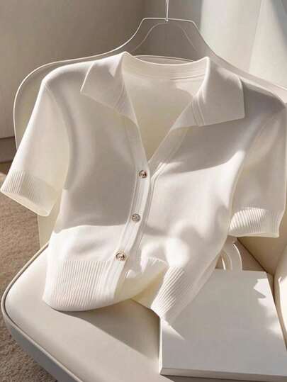 Franclia New Korean-Style Casual & Commute Versatile Polo Collar Knitted Blouse For Women, Summer