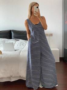 Livesso Simple Deep V-Neck Striped Sleeveless Jumpsuit Loungewear,Back To School Clothes Pajama