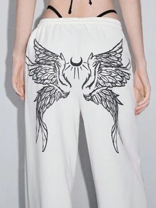 ROMWE Avant Women's Grunge Girl Wing Print Casual Pants - White - View 4