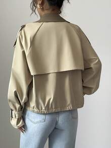 Selianne Women's Elegant Casual Commuter Khaki Patchwork Olive Green Lapel Double-Breasted Pocket Design Sleeve Decorative Short Loose Casual Jacket Windbreaker Fall Winter Cloth For Women - Khaki - View 2