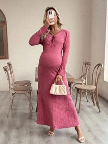 SHEIN Maternity Solid Lace Trim V-Neck Tie Front Long Sleeve Dress, Textured Fabric, Spring/Autumn - Watermelon Pink - View 2