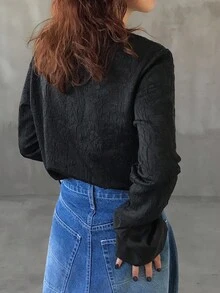 FRIFUL 女士圆领蕾丝拼接宽松喇叭袖透明纯色 T 恤上衣，适合外出，秋季 - 黑色 - 查看 5