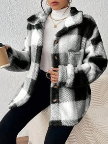 INAWLY Plus Size Casual Colorblock Plaid Fuzzy Jacket, Autumn/Winter - Black - View 5