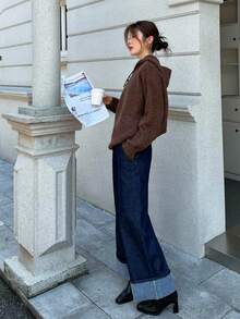 SHEIN K-Vae 女士秋冬深蓝色羊毛袖口宽松休闲牛仔裤，老款风格，韩版风格，万圣节服装，别致秋季 - 深色水洗藍 - 查看 2