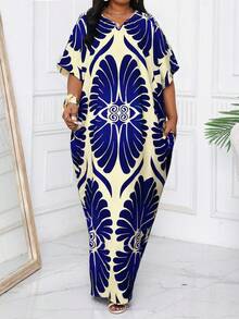 SHEIN Lady CURVE Plus Size Elegant Floral Full Print Batwing Sleeve Dress,Beach Dress Sundress,Holiday Outfits Boho Long Dress Vacation Printed Waist Lantern Sleeve Blue Dress Flowy Dress - Multicolor - View 6