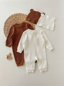 SHEIN Newborn Ribbed Crew Neck Long Sleeve Zipper Casual Jumpsuit Baby Zipper Jumpsuit Ribbed Baby Jumpsuit Newborn Zipper Suit Baby Clothes Unisex Baby Bear Jumpsuit Fall Winter - Multicolor - View 2