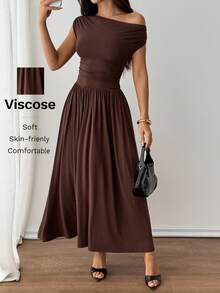 SHEIN PETITE 女士优雅超级百搭弹力面料黑色或日常穿着、派对、露肩、大码女装、A 级长裙 - 咖啡棕 - 查看 4