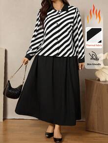 Zelara Conjunto informal de 2 piezas de camisa de manga larga con botones a rayas y falda evasé para mujer de talla grande