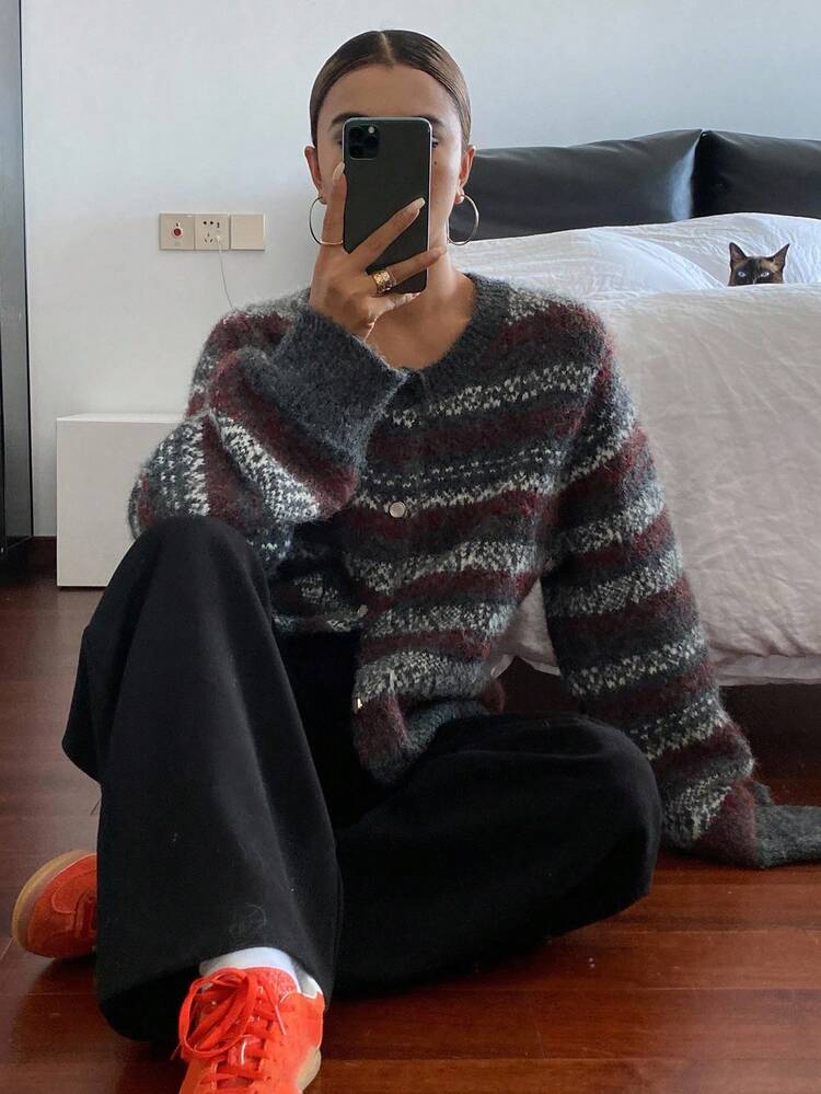 Women's Loose Casual Striped Knitted Cardigan, Autumn/Winter