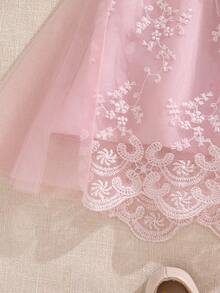 Souflis Souflis Infant/Baby Girl Princess Style Apricot Embroidered Mesh Bow Dress, Suitable For Birthday Party, Evening Event - Pink - View 7