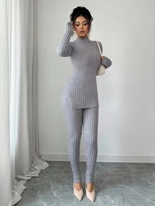 Elenzga Damen Herbst/Winter Lässig Rippstrick Pullover Zweiteiler, elegant & vielseitig, geeignet für Ausflüge, Dates, Arbeit, Schule und andere Anlässe