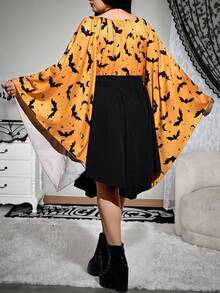 SHEIN CURVE+ Váy tay loe in hình dơi cỡ lớn dành cho nữ, Đầm Halloween/Mùa thu/Mùa đông - Nhiều màu - Xem 2