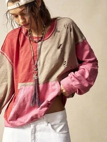 Bohemela Women's Grey And Pink Loose Washed Sweatshirt,Grunge Vintage Knit Patchwork Holes Detail Outerwear,Boho Western Country Style,Autumn Everyday Casual - Multicolor - View 4