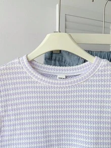 SHEIN 少女条纹圆领短袖休闲T恤，简约休闲，适合日常穿着 - 紫色 - 查看 5