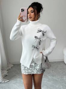 Elenzga Damen eleganter Pullover, Langarm, Schleifendekor, weich und bequem, geeignet für den Alltag, Herbst/Winter - Weiss - Übersicht 6