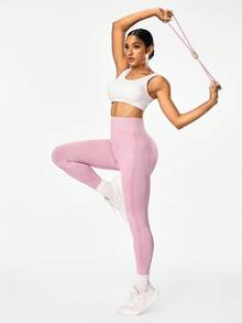 SHEIN Sports 哑光粉高腰无缝紧身裤瑜伽女裤 - 粉色 - 查看 5