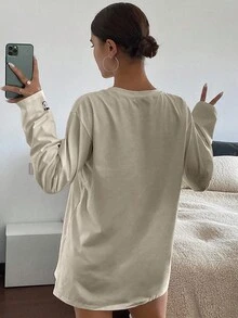 DAZY Letter Embroidered Loose Long Sleeve Round Neck Casual Top, Women Tee Shirt For Spring And Summer,Fall Clothes - Apricot - View 2