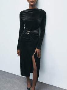 Maija Women's Elegant Long Sleeve Ruched Split Midi Dress, Autumn Black High Slit Dress Split Dress Wrap Dress,Black Dresses For Women,Black Dress ,Elegant Dresses For Women, Elegant Evening Dresses, New Year Outfit , Halloween Costumes , Autumn Outfits For Women, Women's Winter Clothes - Black - View 4