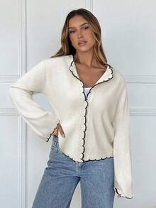 SHEIN EZwear Casual Versatile Minimalist Long Sleeve Button-Up Knit Cardigan For Women In Fall/Winter Cardigan Cropped Cardigan Sweater Cropped Cardigan Women - Apricot - View 6