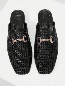 MOTF 时尚编织一脚蹬休闲舒适穆勒鞋方头平底乐福鞋，适合女士 - 黑色 - 查看 7