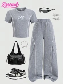 SHEIN Explorewe 2pcs/Set Tween Girls' Casual Patchwork Printed Short Sleeve T-Shirt And Cargo Pants Suit,Grey Summer Cow Boy Daily Commute Leisure Vacation Street - Grey - View 8
