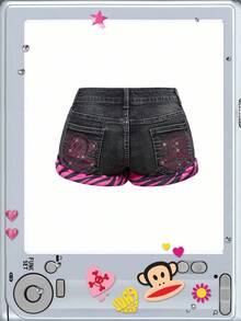 Paul Frank X ROMWE Women's Y2K Retro Ultra Low Waist Distressed Mini Denim Shorts - Black - View 8