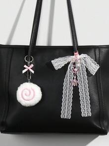 ROMWE Kawaii 3pcs Cute Fluffy Pink Plush Donut, Swirl, Resin Acrylic Butterfly, Heart, Star + 80cm White Lace Headband Combo Set, Keychain Bag Charm, Suitable For Women/Girls Daily Wear, Holiday Gift - Pink - View 3
