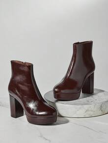 SHUZIA Botines de plataforma con cremallera y tacón de bloque de piel sintética de estilo casual para mujer - Marrón - Ver 5