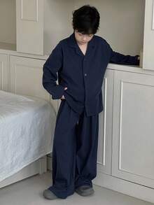 DAZY 2pcs/Set Tween Boy Long Sleeve Homewear Top And Pants Set Fall, Winter - Navy Blue - View 5