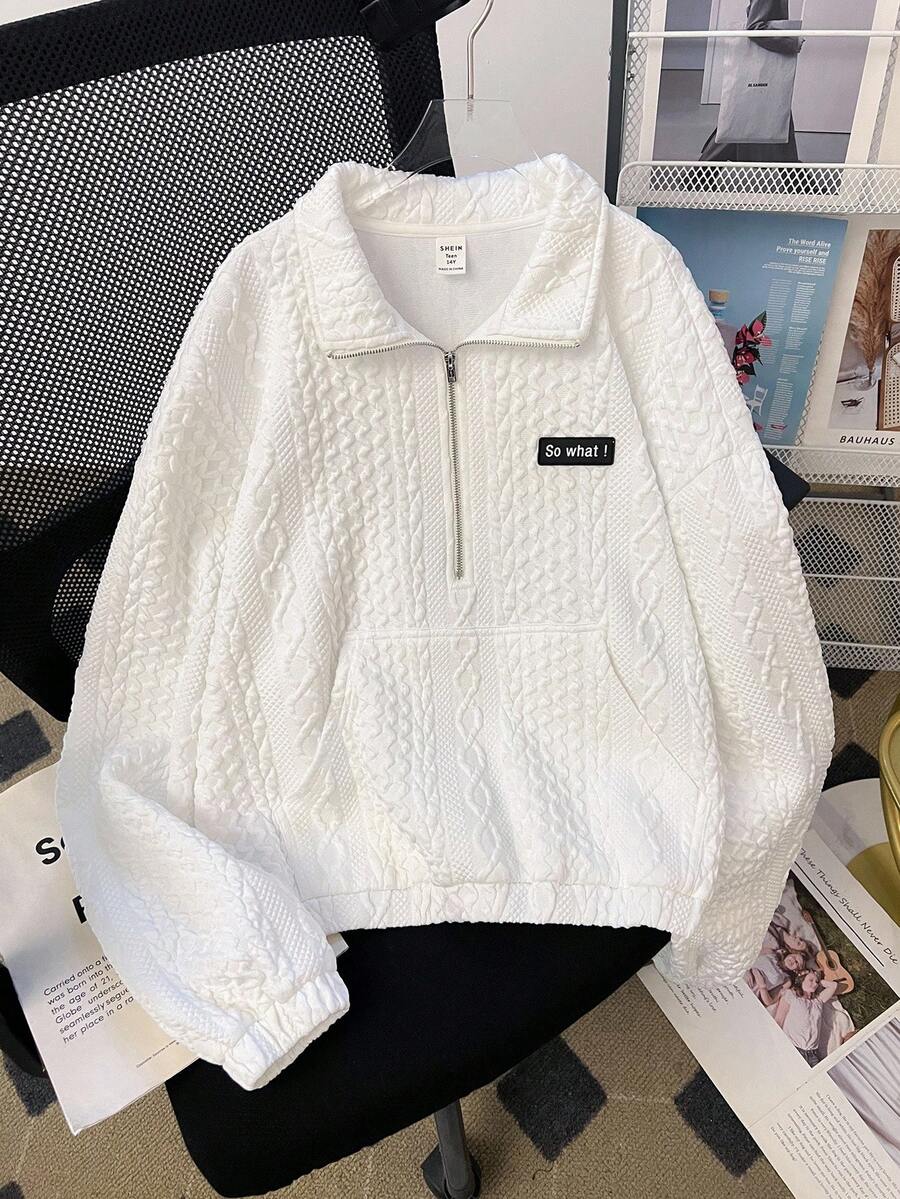 SHEIN Áo sweatshirt crop tay dài cổ tròn màu trắng cho nữ tuổi teen, chất liệu dệt kim chần bông, áo sweatshirt crop tay dài cổ tròn dáng rộng màu trắng, áo sweatshirt khóa kéo màu trắng, áo dệt kim họa tiết màu trắng, áo sweatshirt khóa kéo phong cách Y2K, áo sweatshirt mùa thu đông. - trắng - Xem 1