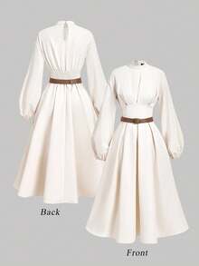 SHEIN MOD Women's Off-White Lantern Sleeve Mid-Length Dress With Belt,Elegant Autumn Tea Party Fall Dress,Halloween Clothes,Office Outfits,Western Wear,Winter - Apricot - View 1