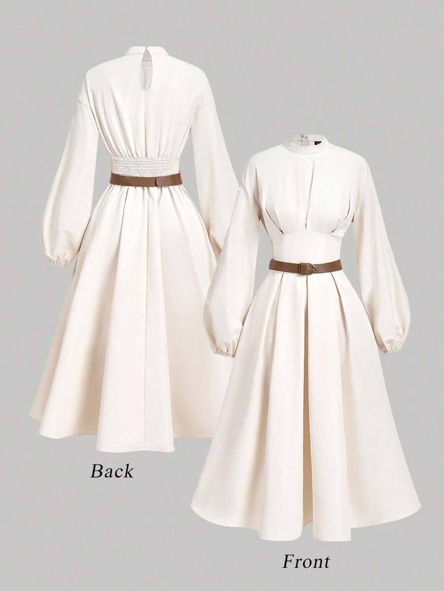 SHEIN MOD Women's Off-White Lantern Sleeve Mid-Length Dress With Belt,Elegant Autumn Tea Party Fall Dress,Halloween Clothes,Office Outfits,Western Wear,Winter - Apricot - View 1