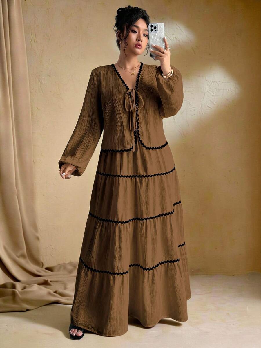 SHEIN Tall 加大码女式编织纹理长袖开衫，搭配系带腰带、撞色荷叶边下摆设计、松紧腰长裙、法式优雅浪漫两件套 - 咖啡棕 - 查看 1