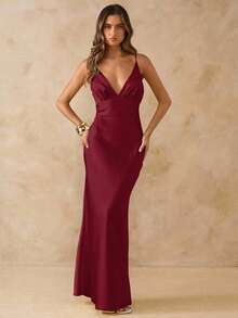 SHEIN BAE Sleeveless V-Neck Backless Satin Dress, Yellow, Suitable For Vacation, Party, Birthday, Brunch, Wedding Guest, Bridesmaid, Elegant - Burgundy - View 5