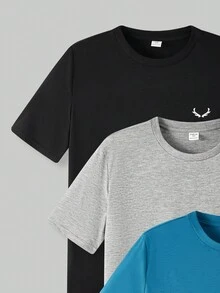 4pcs/Set Teen Boy Casual Solid Color Crew Neck Loose Knit Short Sleeve T-Shirts - Blue - View 3