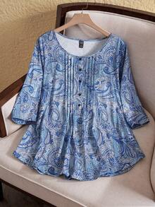Rusticease Plus Size Round Neck Front Button Allover Print Top With 3/4 Sleeves, Casual Vacation Style - Multicolor - View 4