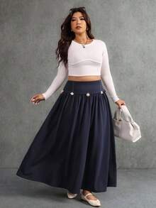 Elaquor Falda elegante y de moda con cintura alta, decoración de sol de metal y pliegues para mujer de talla grande - Azul - Ver 6
