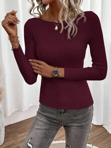 EMERY ROSE Casual Solid Color Slim Fit Sweater, Autumn,Fall,Christmas Sweater - Red Violet - View 4
