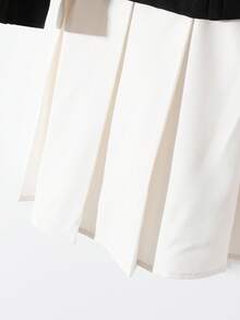 Franclia Women's Round Neck Color Block Dress, Women's Pleated Hem Dress - Black and White - View 5