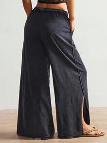 Bohemela Quần nỉ dệt kim rộng rãi màu trơn thường ngày dành cho nữ - màu đen - Xem 7