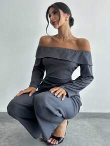 Firerie Novo conjunto feminino de blusa de manga comprida com ombros de fora e calças largas de chiffon floral azul-escuro, roupa sexy e elegante para o dia a dia/deslocamento, conjunto azul-escuro, primavera/verão, roupa de praia, deslocamento, elegante, sexy, traje de trabalho - Azul - Ver 8