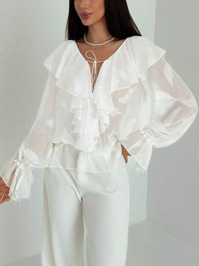 Aloruh Women's Ruffle Collar Front Tie Flare Sleeve Loose Fashion Blouse Back To School School Clothes  Back To School Clothes School Clothes Back To School Outfits Women  Homecoming  School  White Cut Flower Romantic Ruffled Shirt Temperament Goddess